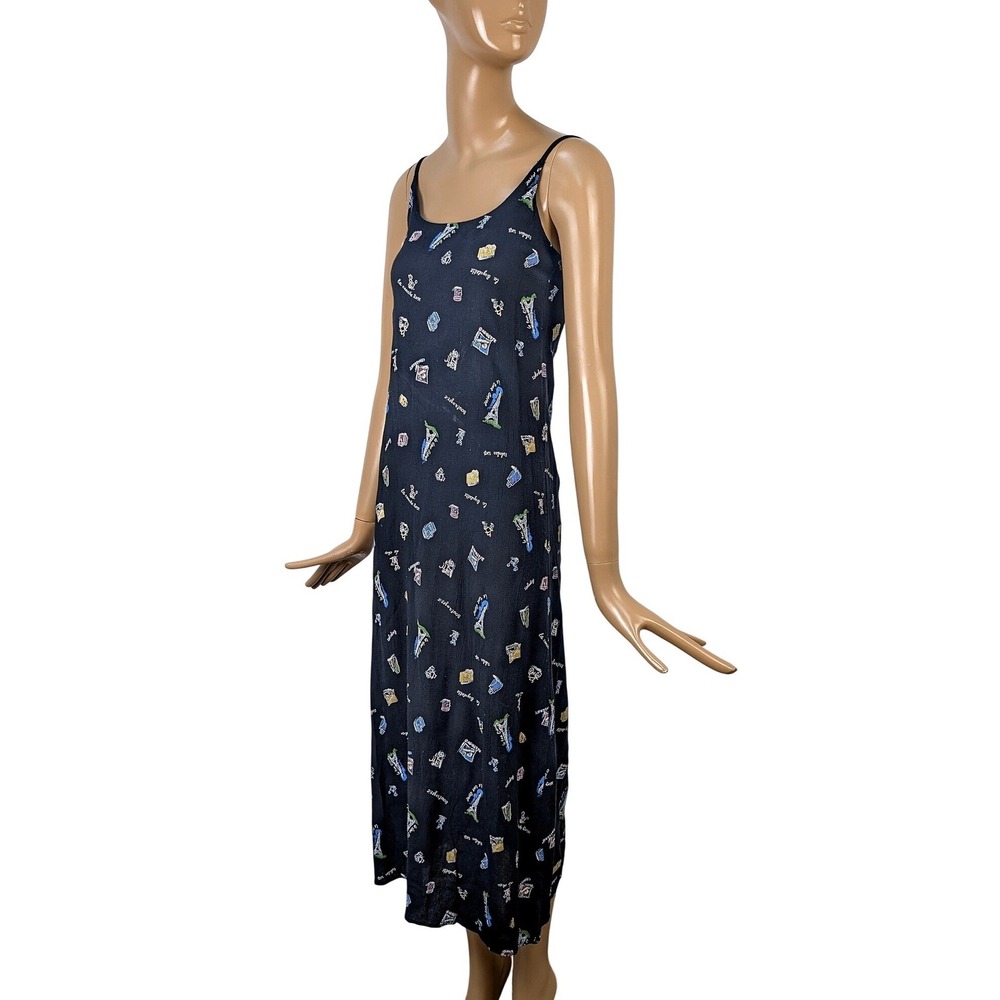 Vtg 90s Paris Novelty Print Midi Slip Dress Eiffel Tower French Theme Sleeveless